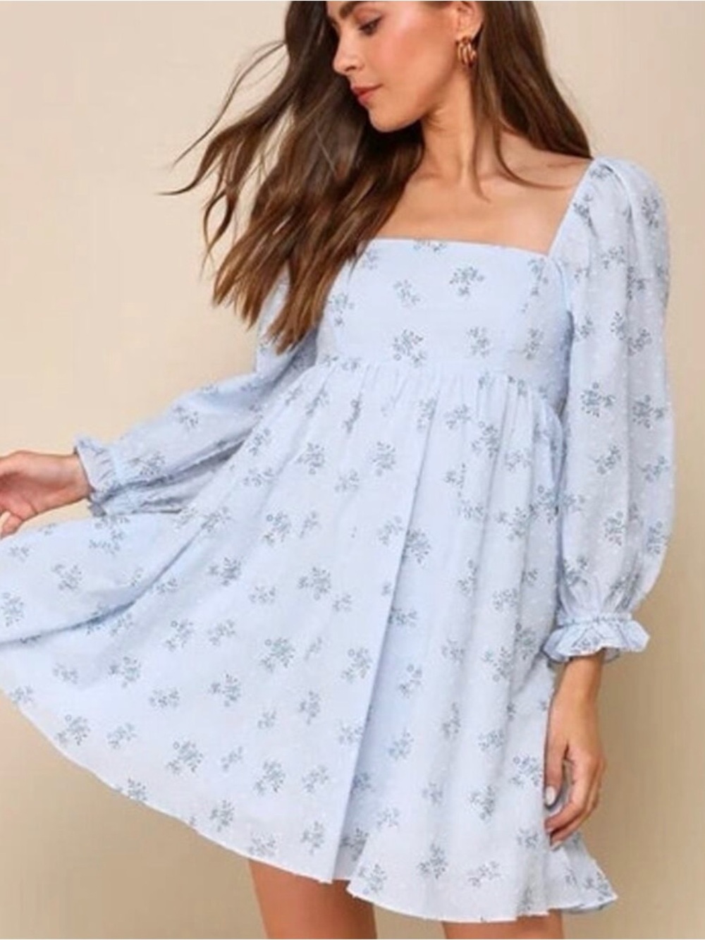 Lulus Always Charming Light Blue Floral Swiss Dot Babydoll Mini Dress Large - Picture 3 of 6